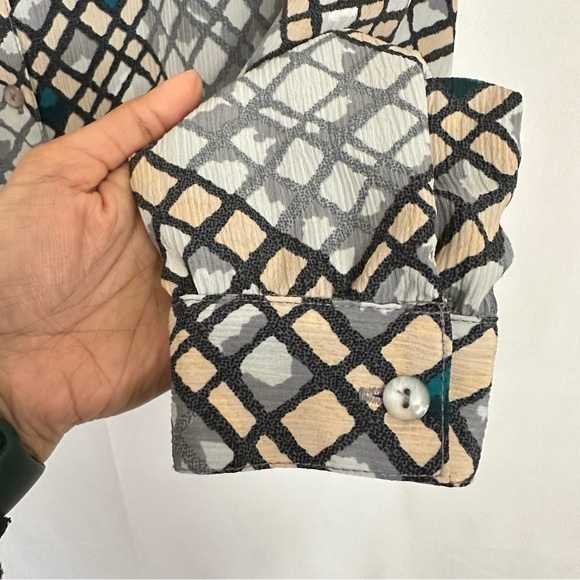 Vintage 90s DonnKenny Women's Diamond Abstract Print Shirt in Grey sz M - Picture 4 of 10